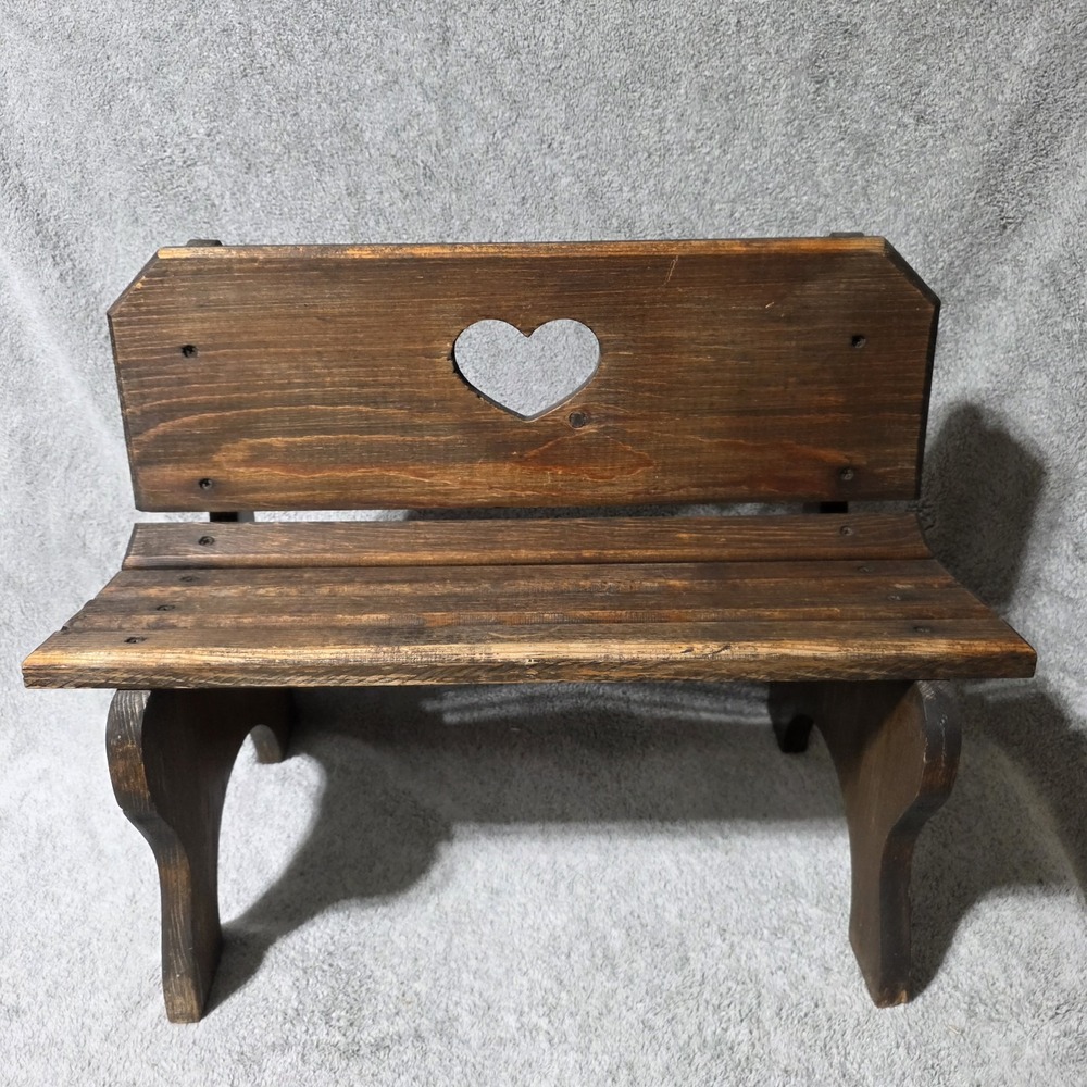 Vintage Handmade Wooden Bench Heart Cutout 16x20" for Toddlers Dolls Decor